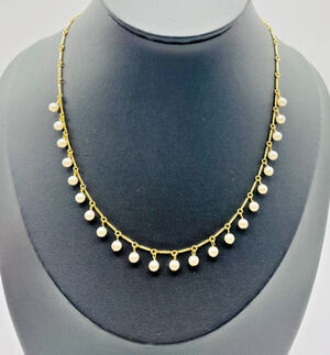 Carolee Dainty Gold Tone Bar Link Drop Dangle Imitation Pearl 16” Necklace 1990s
